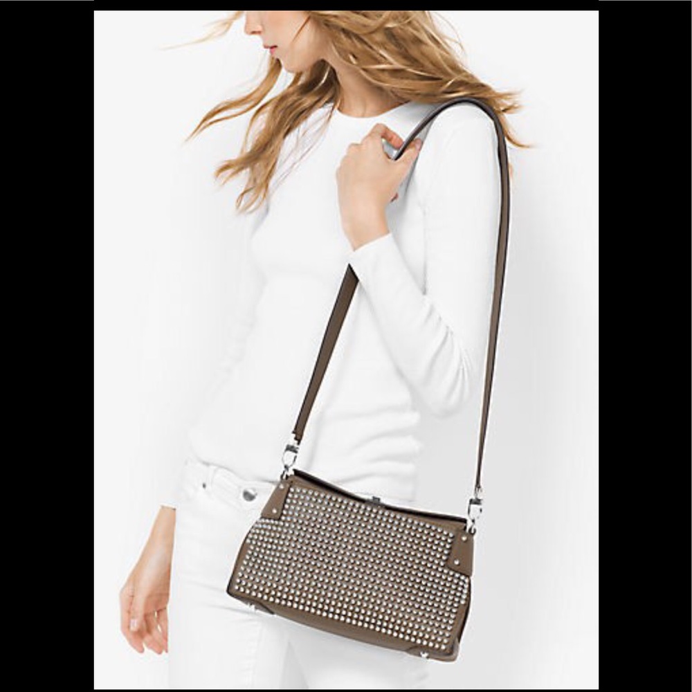 Luxury Michel Kors Taupe Miranda Studded French Calf Leather bag Like New - Picture 4 of 12